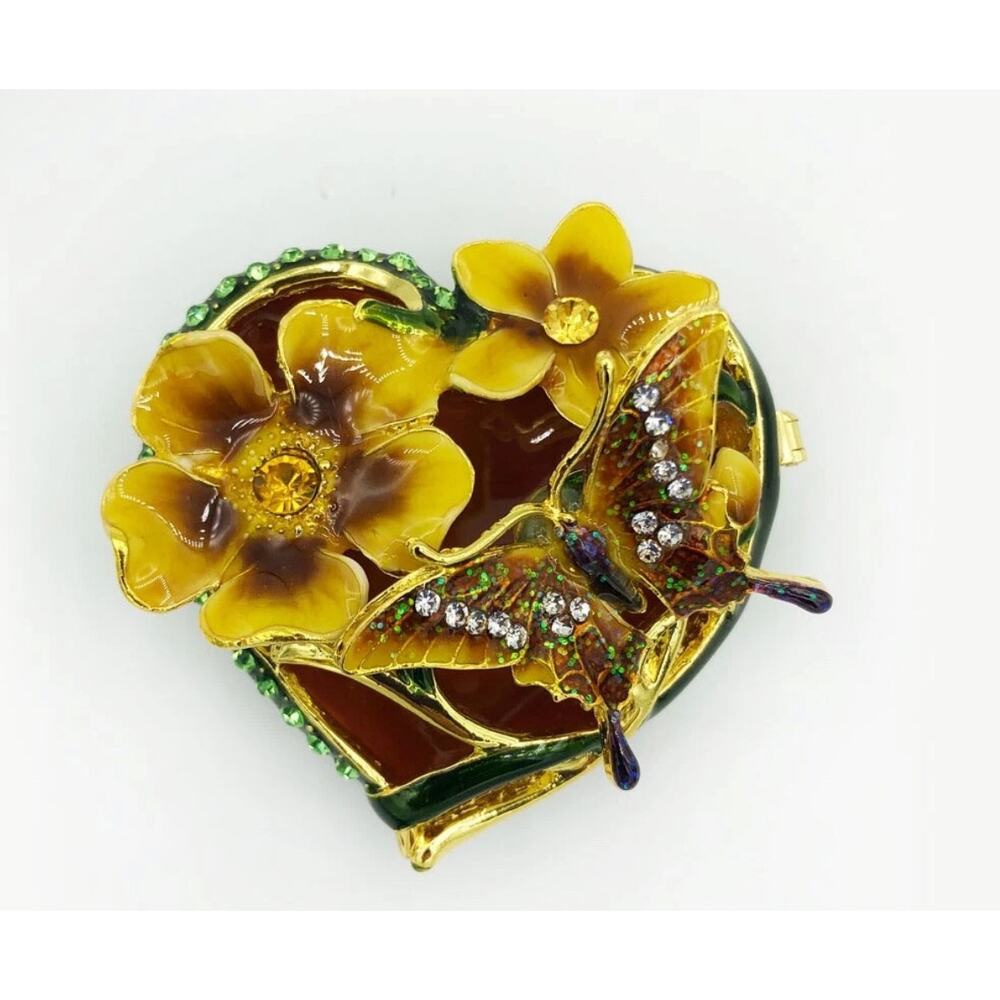 Cherished Treasures Enamel Butterfly With Crystals Floral Hinged trinket Box